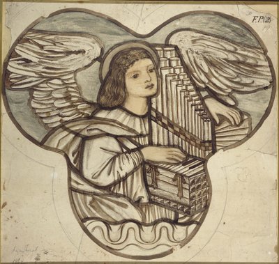 Entwurf für ein Buntglasfenster in der Lyndhurst-Kirche: Ein Engel-Organist, 1886 von Edward Burne Jones